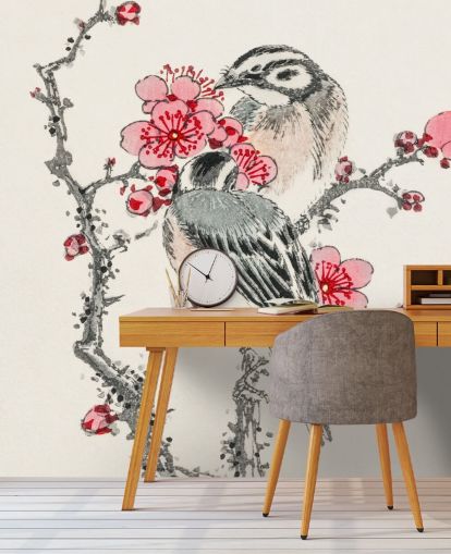 Pine Bunting og Plum Tree Bakgrunn Mural 