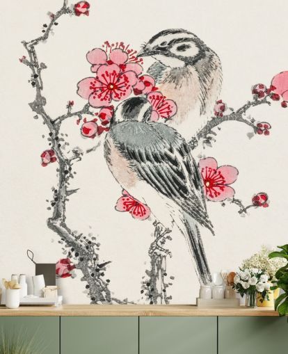 Pine Bunting and Plum Tree Wallpaper Mural 