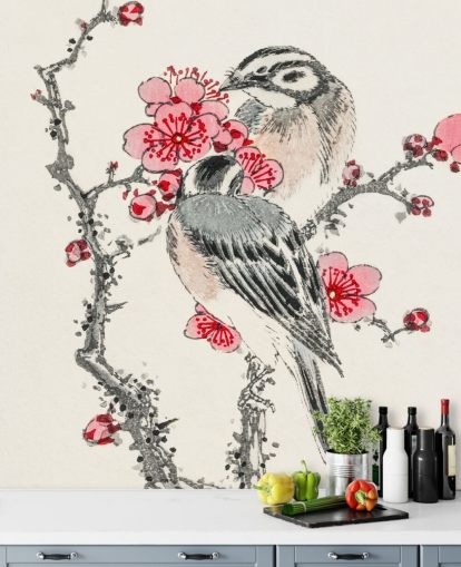 Pine Bunting and Plum Tree Wallpaper Mural 