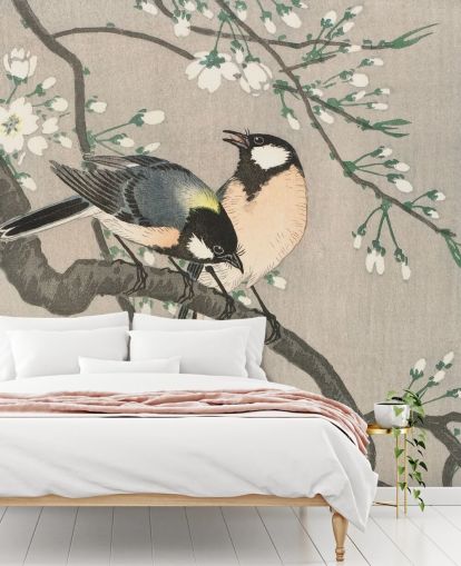 Tits on Cherry Branch Wallpaper Mural 