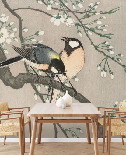 Tits on Cherry Branch Wallpaper Mural 