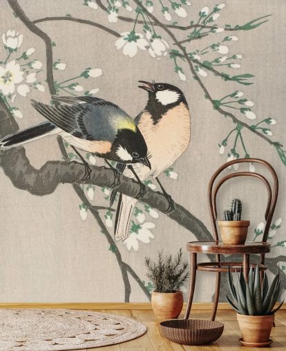 Tits on Cherry Branch Wallpaper Mural 