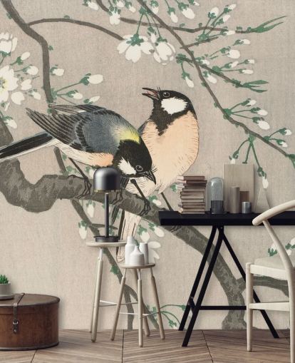 Tits on Cherry Branch Wallpaper Mural 