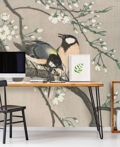 Borsten op Cherry Branch Behang Muurschildering Borsten op Cherry Branch Behang Muurschildering