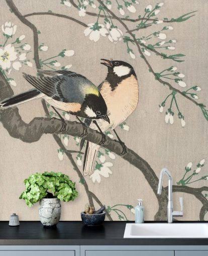 Borsten op Cherry Branch Behang Muurschildering Borsten op Cherry Branch Behang Muurschildering