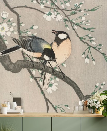 Tits on Cherry Branch Wallpaper Mural 