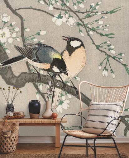 Tits on Cherry Branch Wallpaper Mural 