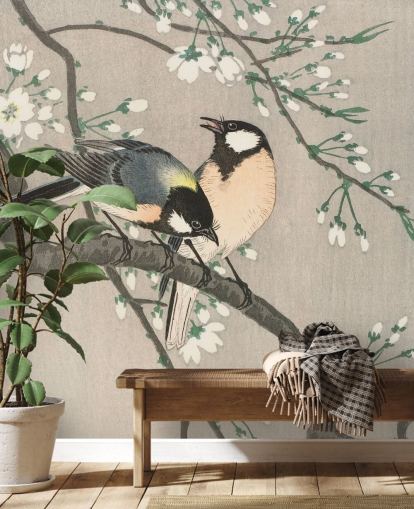 Tits on Cherry Branch Wallpaper Mural 