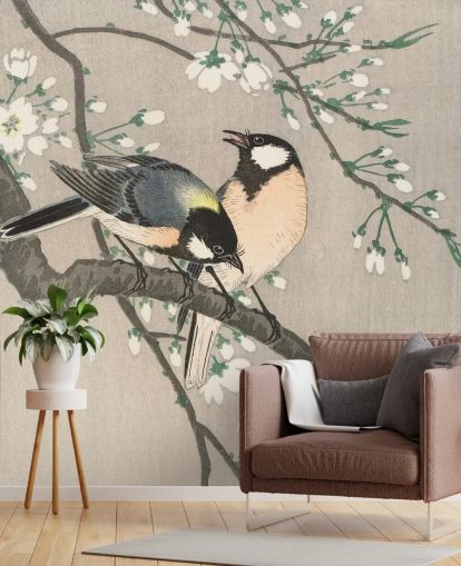 Tits on Cherry Branch Wallpaper Mural 