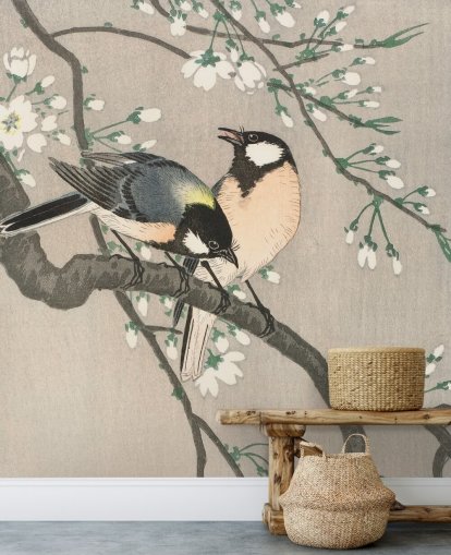 Tits on Cherry Branch Wallpaper Mural 