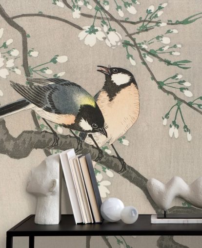 Tits on Cherry Branch Wallpaper Mural 