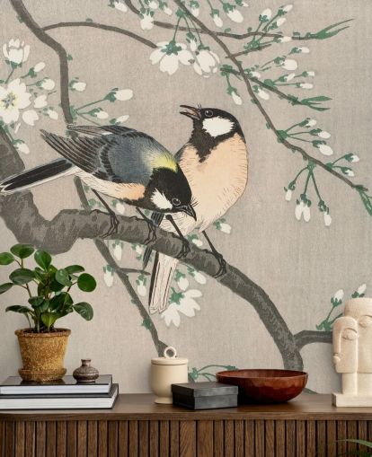 Tits on Cherry Branch Wallpaper Mural 