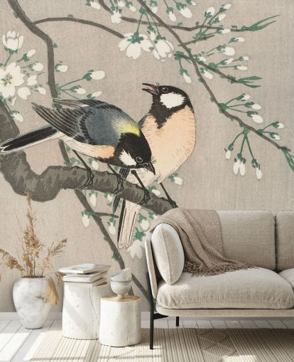 Tits on Cherry Branch Wallpaper Mural 