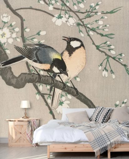 Tits on Cherry Branch Wallpaper Mural 