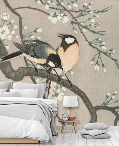 Tits on Cherry Branch Wallpaper Mural 