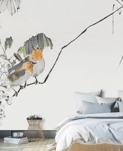 Two Sparrows Perched on a Branch Mural