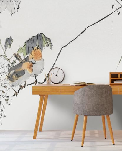 Two Sparrows Perched on a Branch Mural