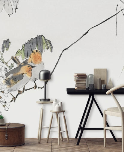 Two Sparrows Perched on a Branch Mural