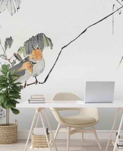 Two Sparrows Perched on a Branch Mural