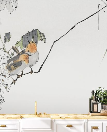 Two Sparrows Perched on a Branch Mural Two Sparrows Perched on a Branch Mural