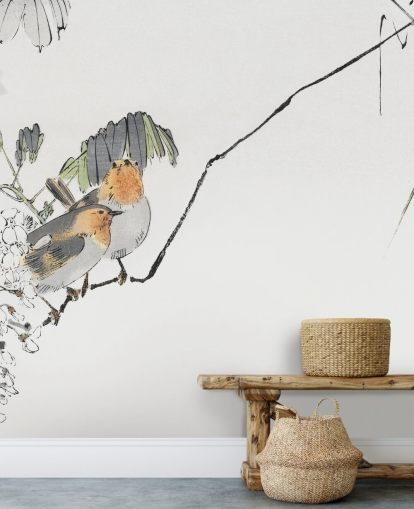 Two Sparrows Perched on a Branch Mural