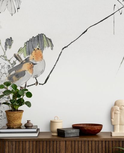 Two Sparrows Perched on a Branch Mural