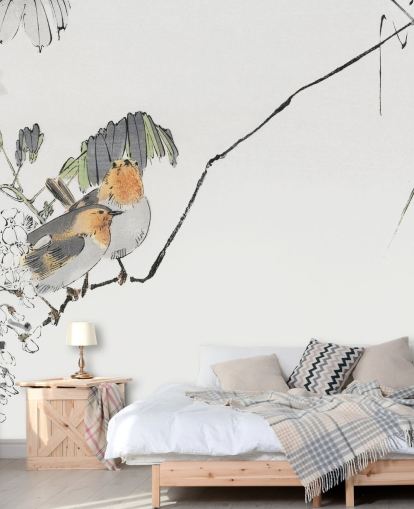 Two Sparrows Perched on a Branch Mural