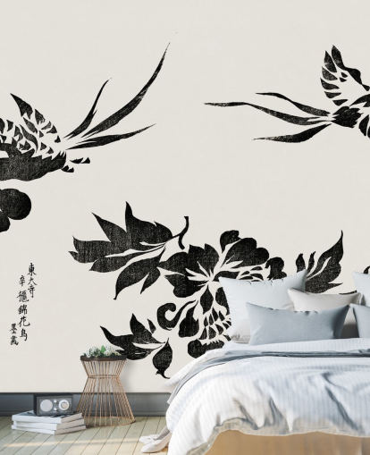 Woodblock Print of Pheasants Wallpaper Mural 