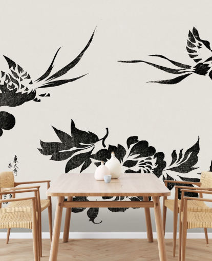 Woodblock Print of Pheasants Wallpaper Mural 