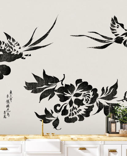 Woodblock Print of Pheasants Wallpaper Mural 