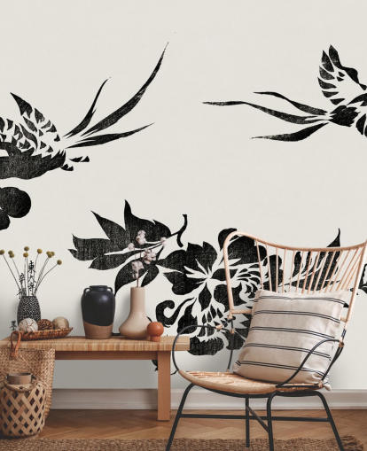 Papier Peint Fresque Gravure sur Bois de Faisans 