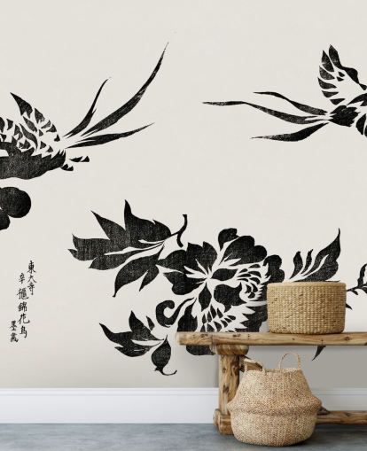 Woodblock Print av fasaner Bakgrunn Mural 