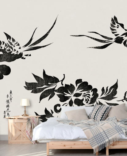 Woodblock Print af fasaner Baggrund Mural 