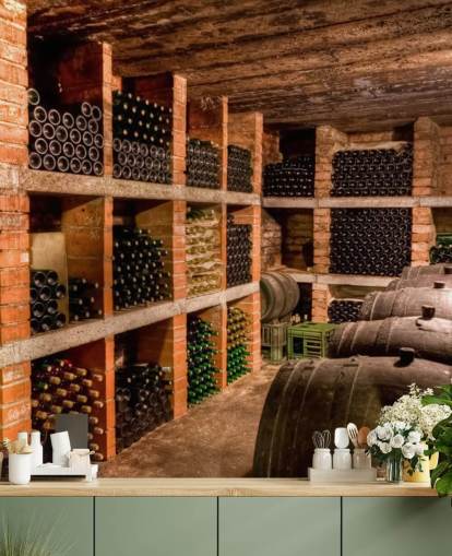 Papel de parede de adega de vinhos com prateleiras