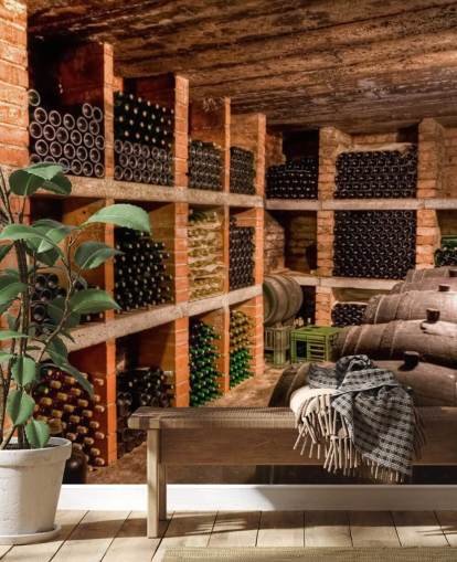 Papel de parede de adega de vinhos com prateleiras