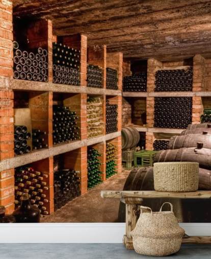 Papel de parede de adega de vinhos com prateleiras