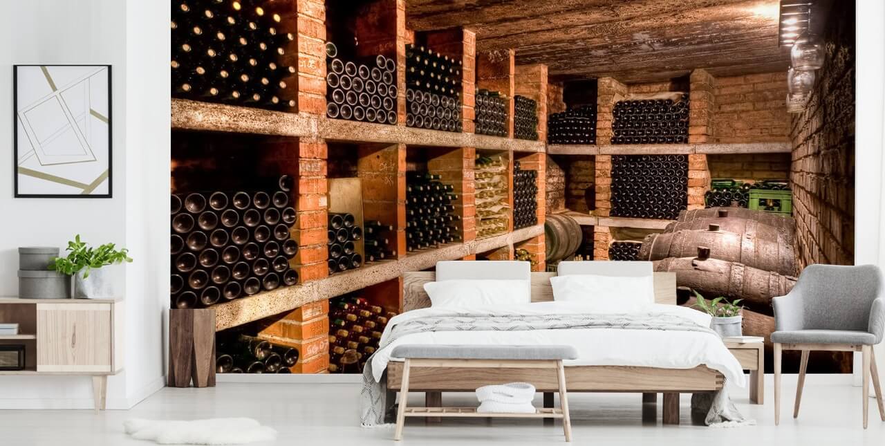 Papel de parede de adega de vinhos com prateleiras