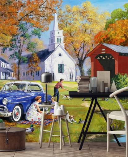 Peinture murale du temps en famille au bord de la rivière par Kevin Walsh