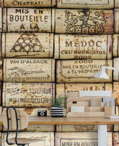 carta da parati murale personalizzabile marrone chiaro chiamata Wine Corks per cucine e cantine