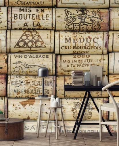 light brown customisable wine wallpaper mural called Wine Corks for kitchens and wine cellars