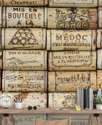 light brown customizable wine wallpaper mural called Wine Corks for kitchens and wine cellars