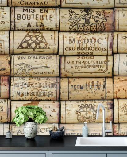 Hellbraune, personalisierbare Weintapete namens Wine Corks für Küchen und Weinkeller