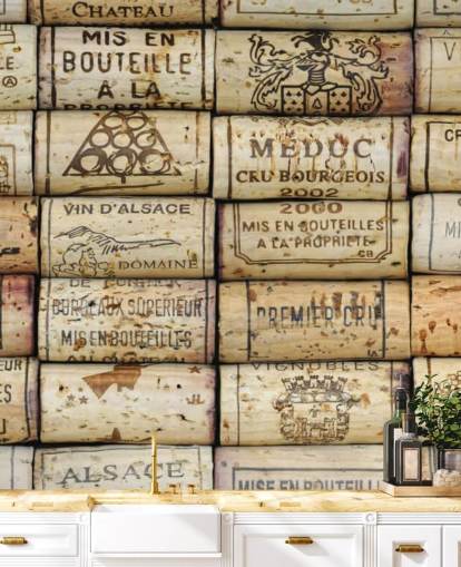 lichtbruine aanpasbare wijnbehangmuurschildering genaamd Wine Corks voor keukens en wijnkelders lichtbruine aanpasbare wijnbehangmuurschildering genaamd Wine Corks voor keukens en wijnkelders