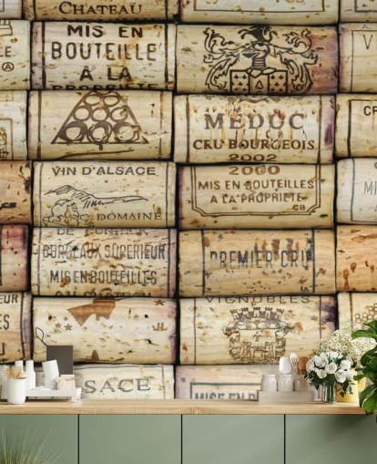 carta da parati murale personalizzabile marrone chiaro chiamata Wine Corks per cucine e cantine