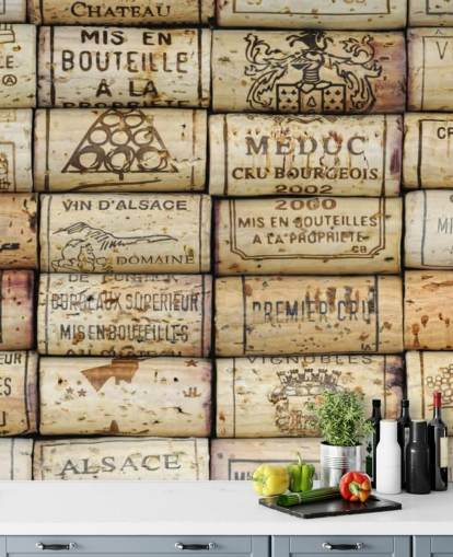Hellbraune, personalisierbare Weintapete namens Wine Corks für Küchen und Weinkeller