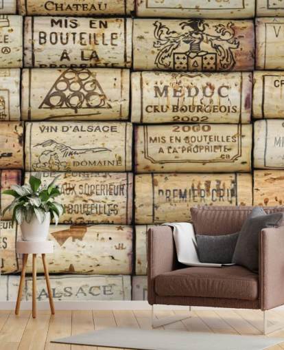 mural de papel de parede de vinho personalizável marrom claro chamado Wine Corks para cozinhas e adegas mural de papel de parede de vinho personalizável marrom claro chamado Wine Corks para cozinhas e adegas