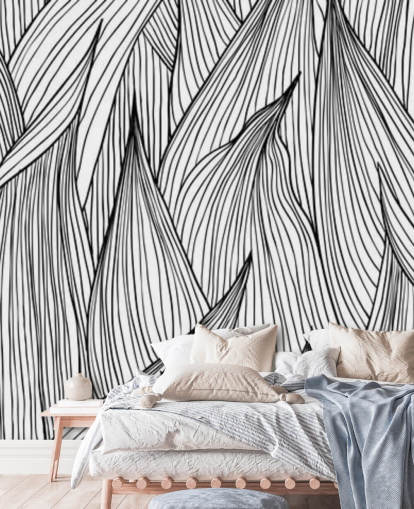 papier peint feuilles illustrées en noir et blanc