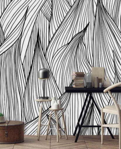 black and white illustrated leaves wallpaper