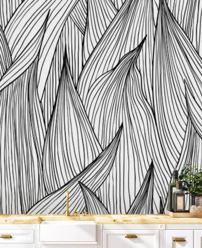 papier peint feuilles illustrées en noir et blanc