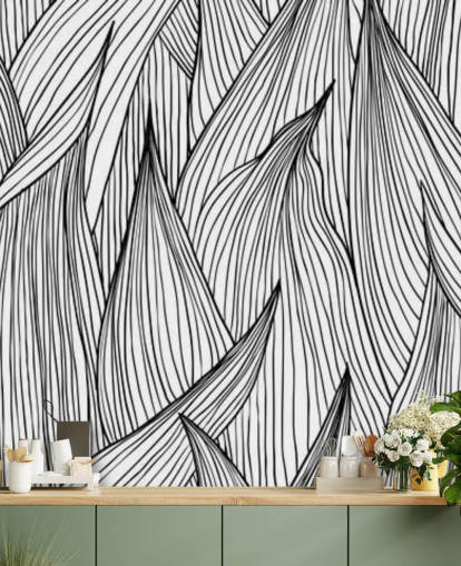 black and white illustrated leaves wallpaper